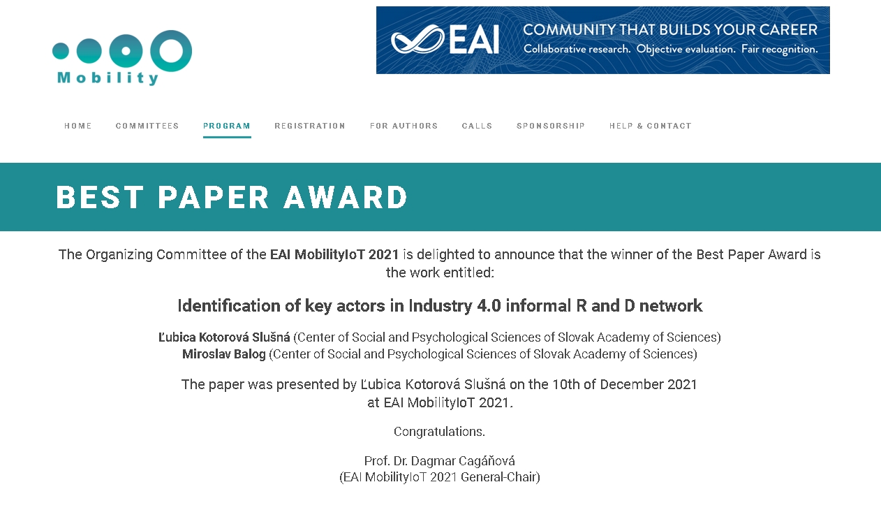 EAI Mobility IoT 2021 - The Best paper award